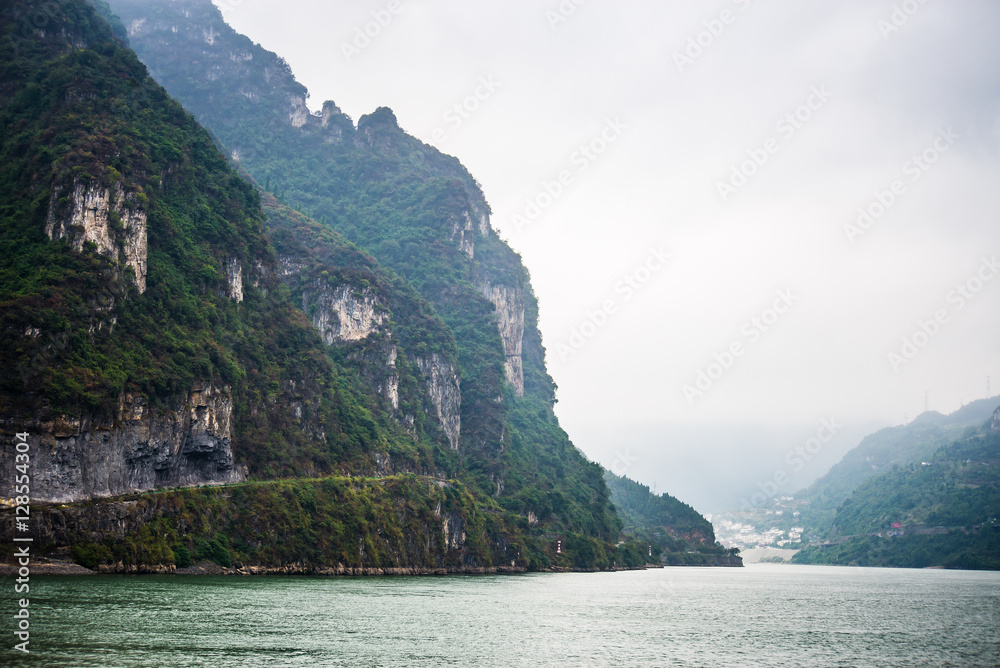 Yangtze river on rainy day, haze float over river
