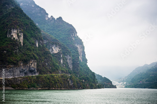 Yangtze river on rainy day, haze float over river