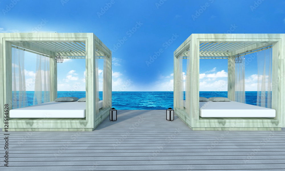 Fototapeta premium Beach lounge with sundeck on sea view and blue sky background-3d