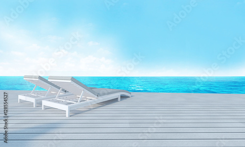 Beach lounge with sundeck on Sea view and blue sky background-3d