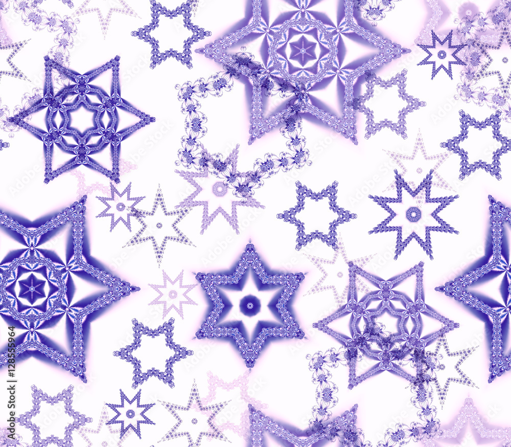 Seamless texture with snowflake fractal ornaments in violet glitter on white. Consists of many snowflakes of several shapes and sizes. Suitable as wrapping paper for Christmas or winter decor.