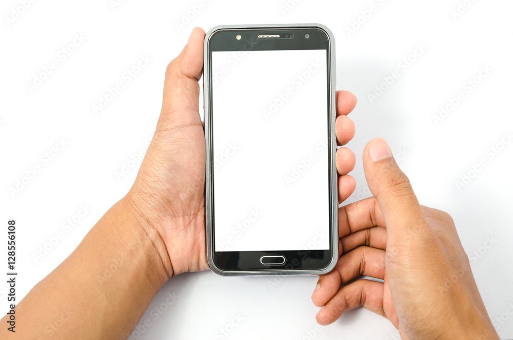 Man hand holding and Touch on black Smartphone with white blank screen isolated on white background