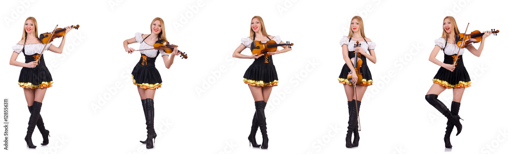 Bavarian girl playing the violin isolated on white