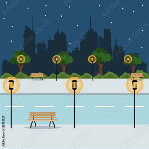 landscape night city street park brench vector illustration eps 10