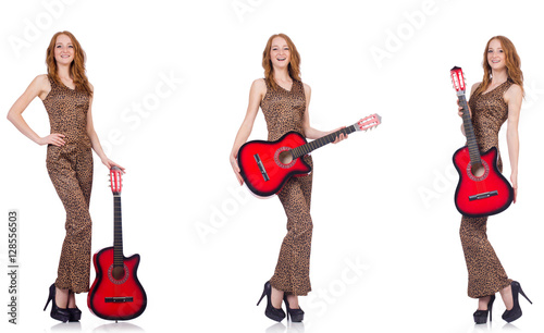 Young woman playing guitar isolated on white