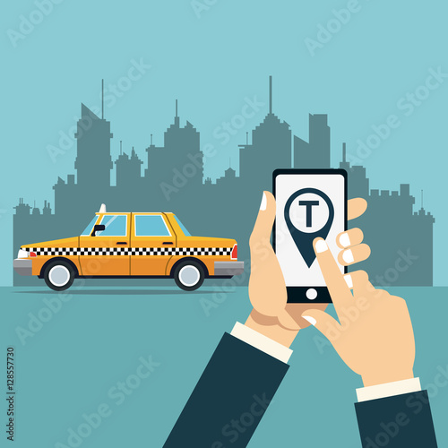 hand hold mobile taxi service online app city background vector illustration eps 10