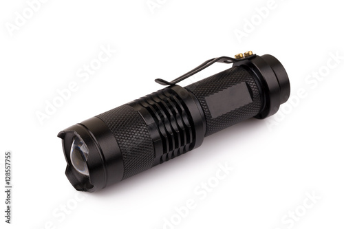 black metallic flashlight isolate on white background
