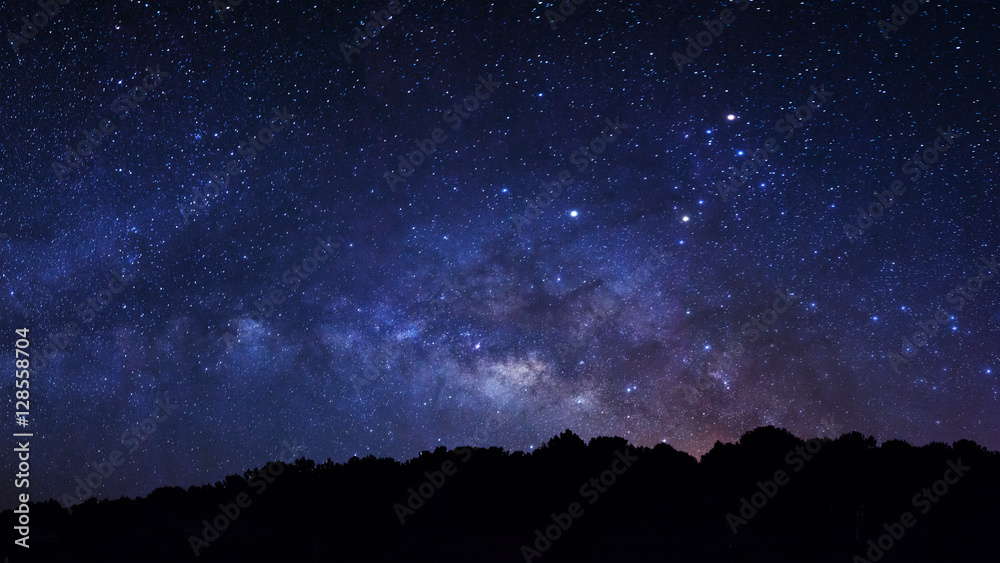 Naklejka premium Panorama Milky Way Galaxy, Long exposure photograph, with grain
