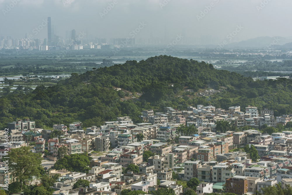 Village in Yuen Long district in Hong Kong and Skyline of Shenzhen