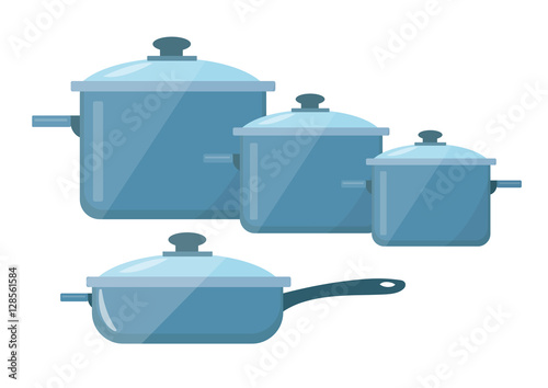 Set of dishes, pots and pans icon vector flat style. Isolated on white background. Vector illustration