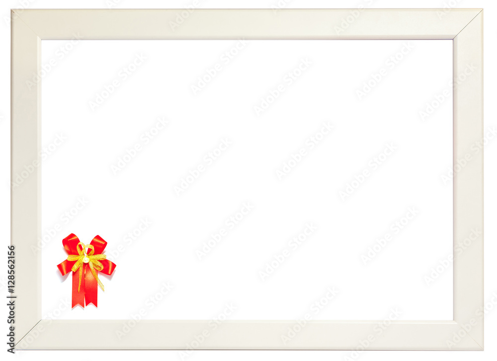 Obraz premium Red ribbon decorated on left corner of white frame, season greet