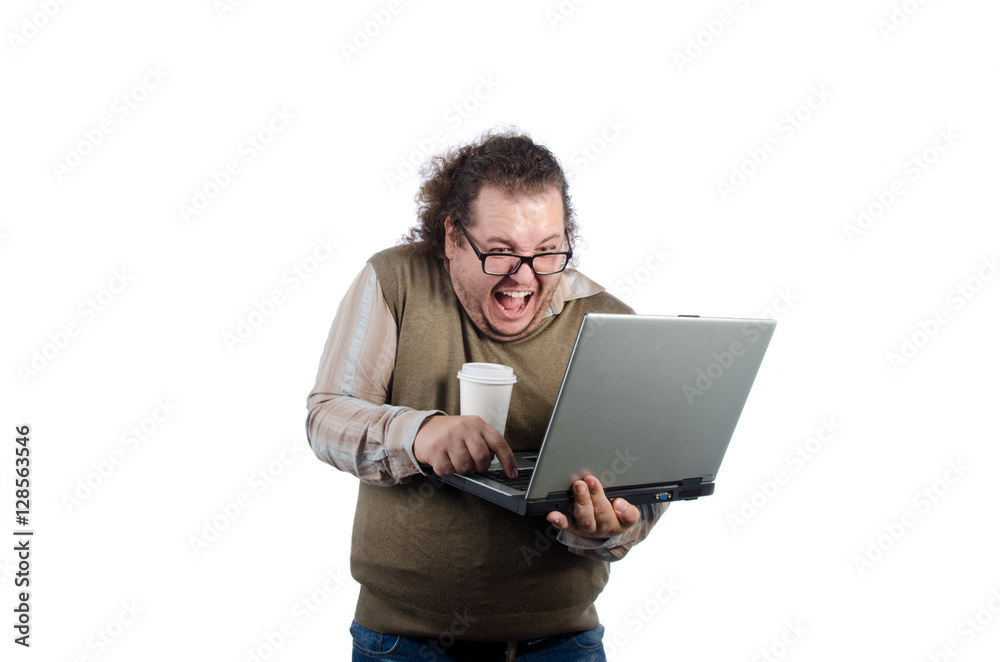 Joy. Satisfied man with a laptop and coffee. Joy. Satisfied man with a laptop and coffee.