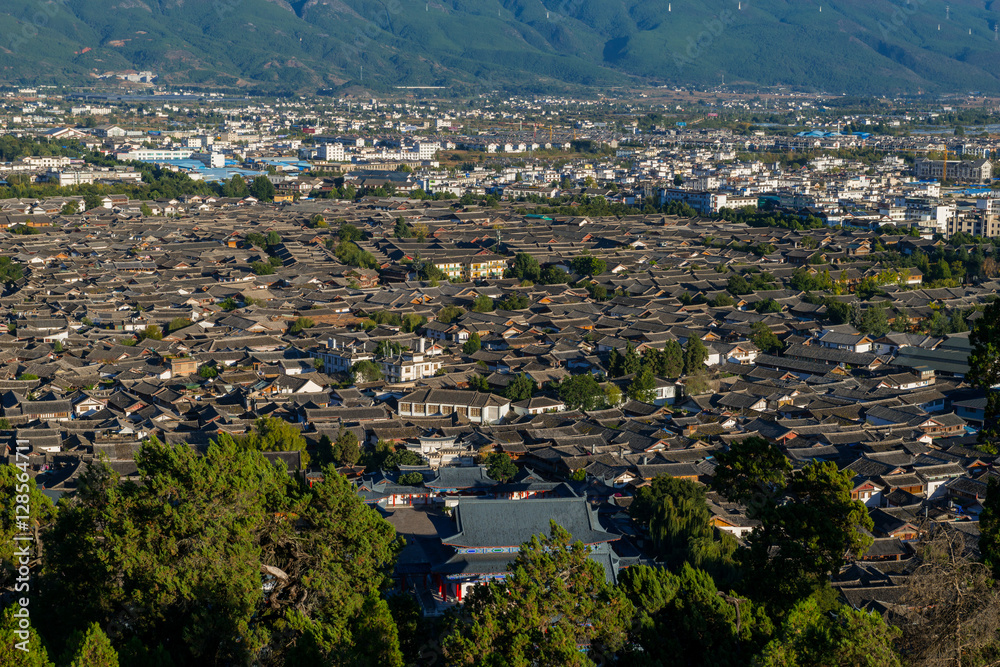 Top view of traditional roof at The Old Town of Lijiang is a UNESCO World Heritage Site located in Lijiang City, Yunnan, China.
