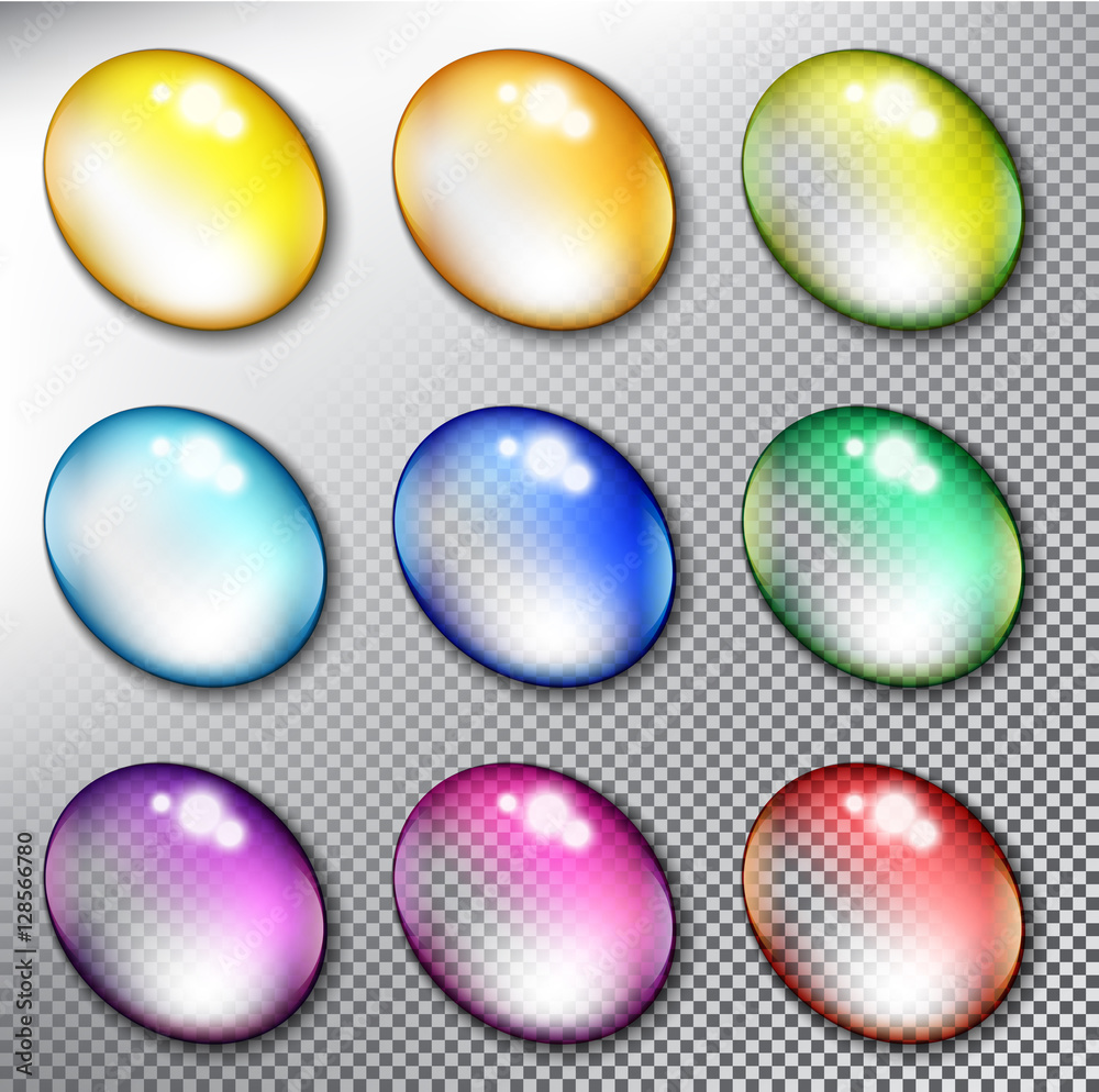 Abstract vector web buttons set of 9. Isolated with realistic, transparent glass shine and shadow on the light background. Vector illustration. Eps10. Abstract vector web buttons set of 9. Isolated with realistic, transparent glass shine and shadow on the light background. Vector illustration. Eps10.