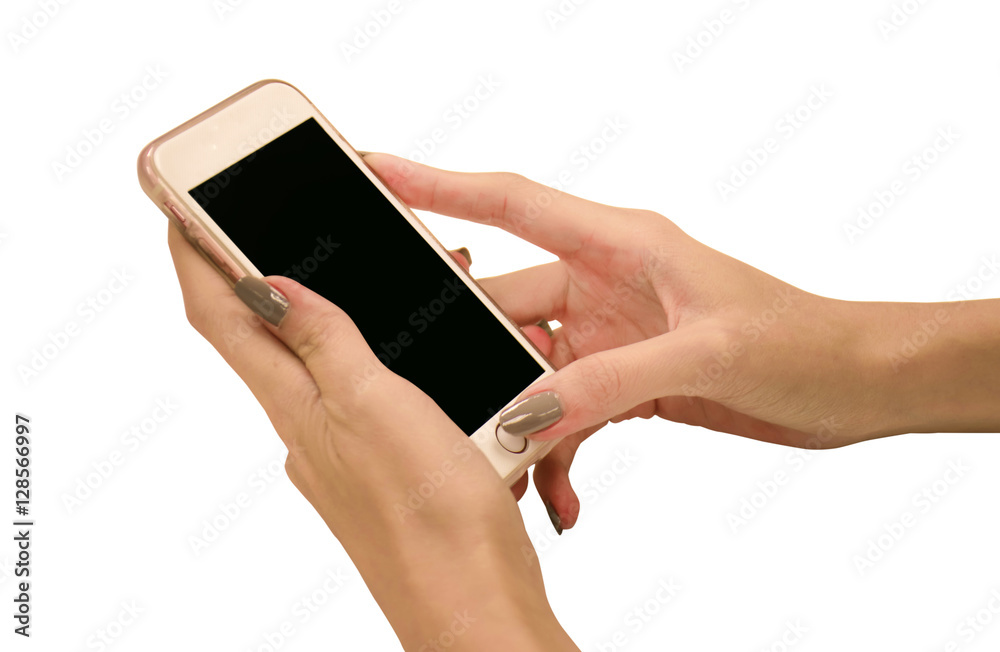 female hand holding the phone similar to iphone with isolated black screen