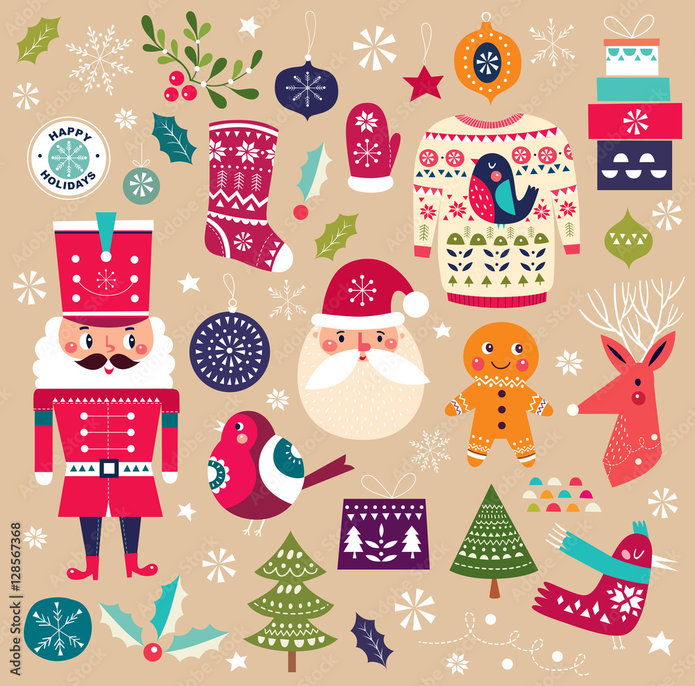 Fototapeta premium Vector illustration with Christmas symbols and elements