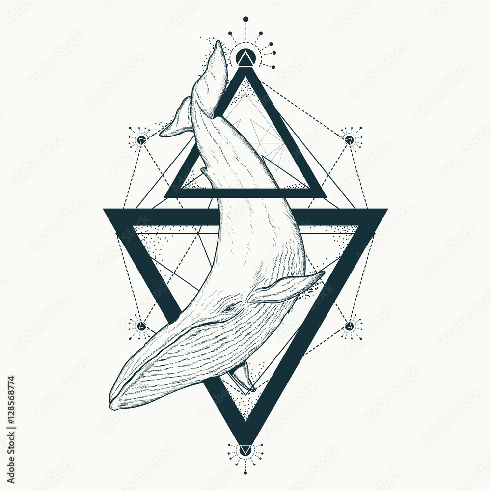 Naklejka premium Whale tattoo geometric style. Mystical symbol of adventure