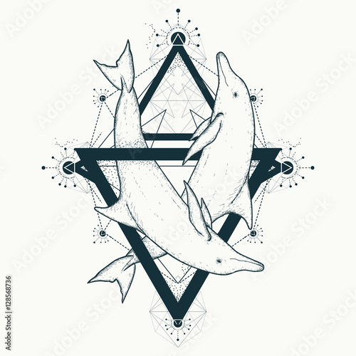 Two dolphins tattoo, love symbols geometric art style