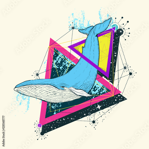 Whale color tattoo geometric style. Mystical symbol of adventure