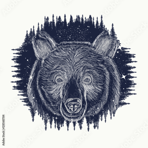 Bear tattoo art, symbol travel and tourism. Portrait grizzly