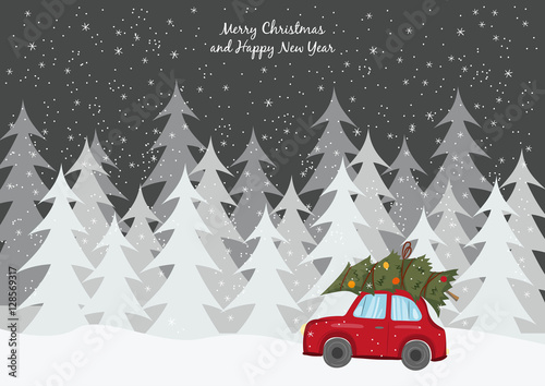 Red car with Christmas tree on the winter background.