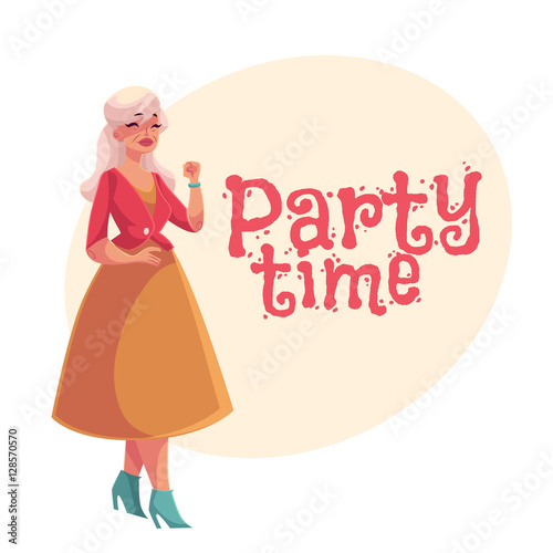 Old, senior, gray-haired elegant lady dancing,cartoon style invitation, banner, poster, greeting card design. Party invitation, advertisement, portrait of elegntly dressed old woman dancing