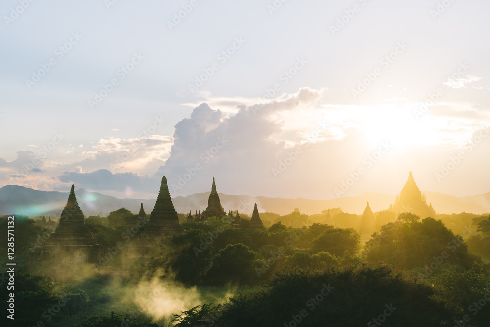 Sunrise over beautiful Pagodas and temples in Bagan, Myanmar