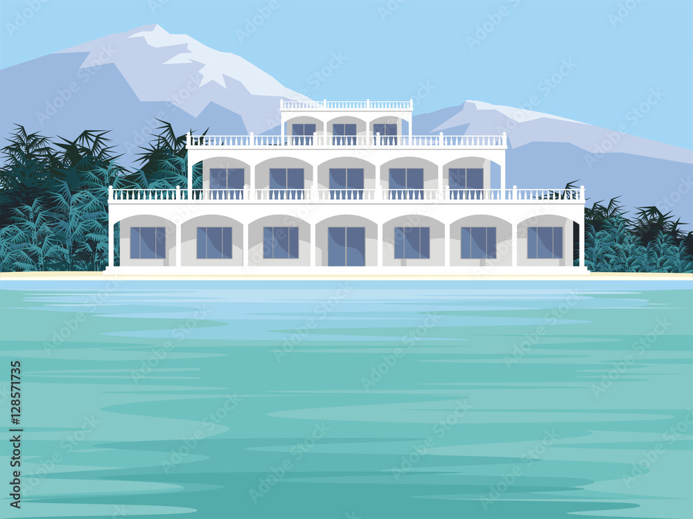 Abstract image of a large, beautiful country house. Luxury Villa on the seafront, surrounded by palm trees. Vector background.