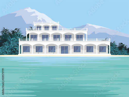 Abstract image of a large, beautiful country house. Luxury Villa on the seafront, surrounded by palm trees. Vector background.