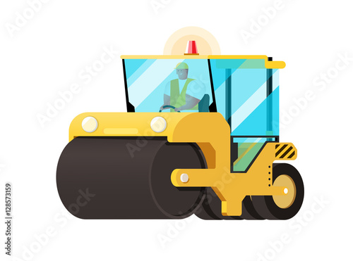 Asphalt compactor in flat style. Vector icon of road roller comp