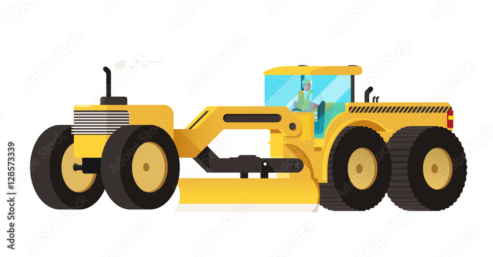 Motor grader. Heavy equipment vehicle isolated color vector illu