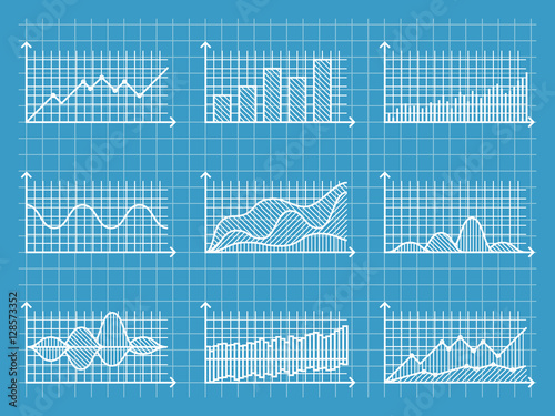 Blueprint infographic line graphs and charts template for presentation report business design vector illustration