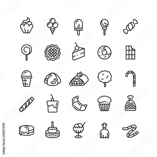 Desserts, sweets, ice cream, muffin, cakes, cupcake thin line icons