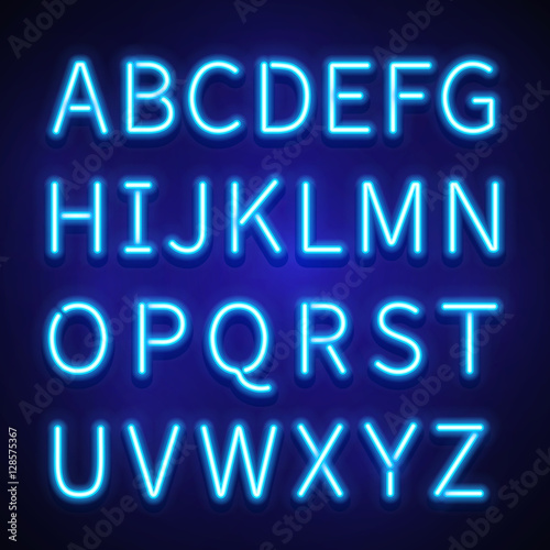 Glowing neon lights vector signs, typeset, letters, font, alphabet