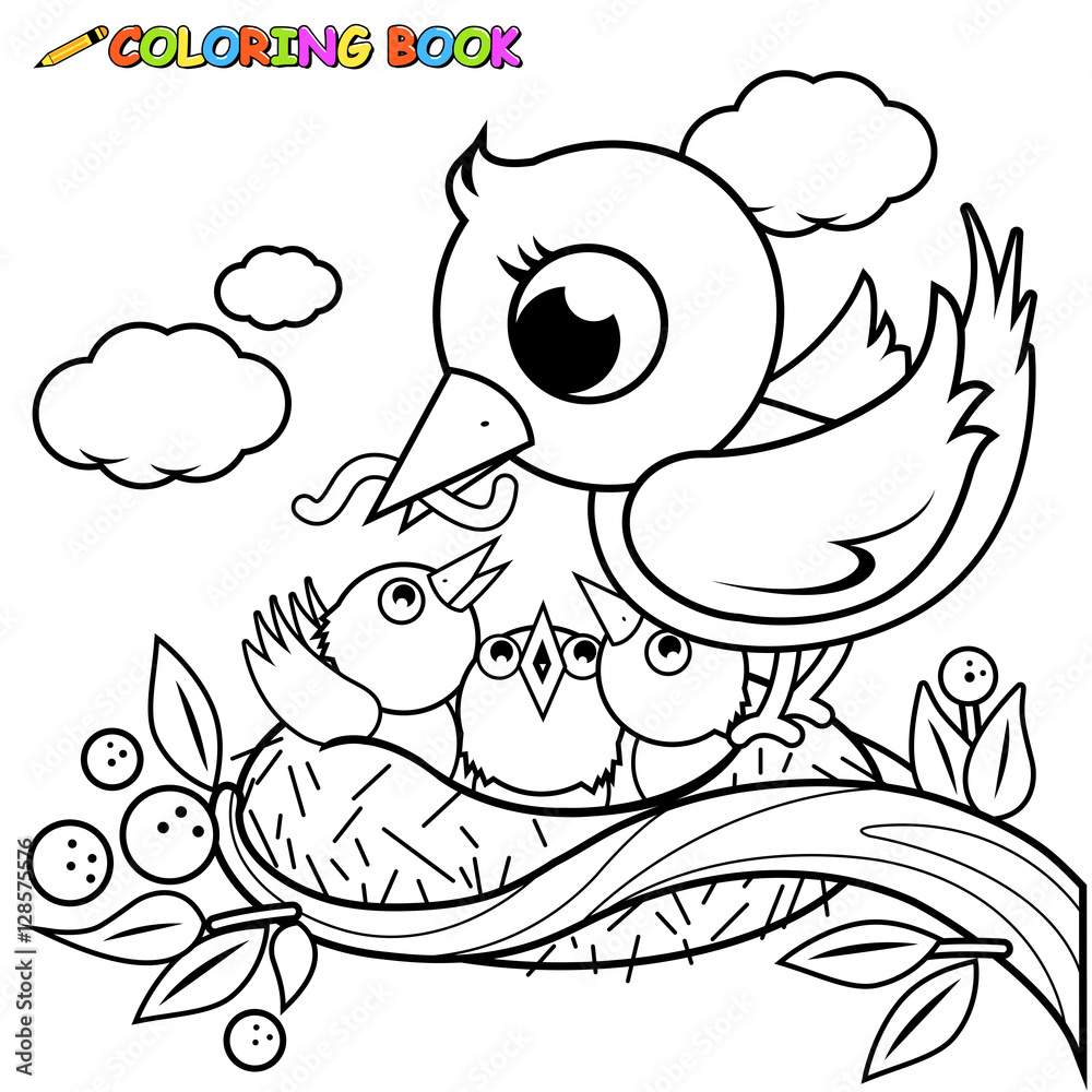 Cute birds in the nest. Vector black and white coloring page. Cute birds in the nest. Vector black and white coloring page.