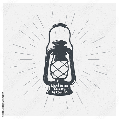 Hand-drawn vintage kerosene lamp. Sketch oil lantern. Vector illustration. T-shirt print. Poster.