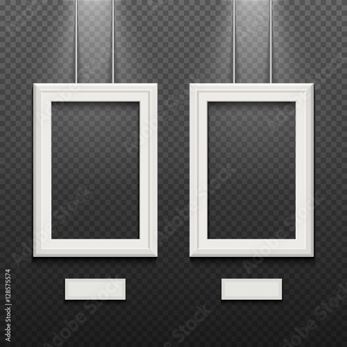 Empty white poster frames isolated on transparent checkered wall vector illustration