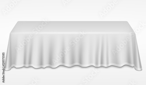 Empty dinner banquet table with white cloth 3d realistic desk vector illustration