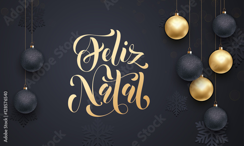 Portuguese Merry Christmas Feliz Natal decoration golden ball ornament greeting