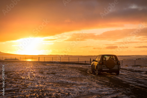 SUV car during sunset in Iceland