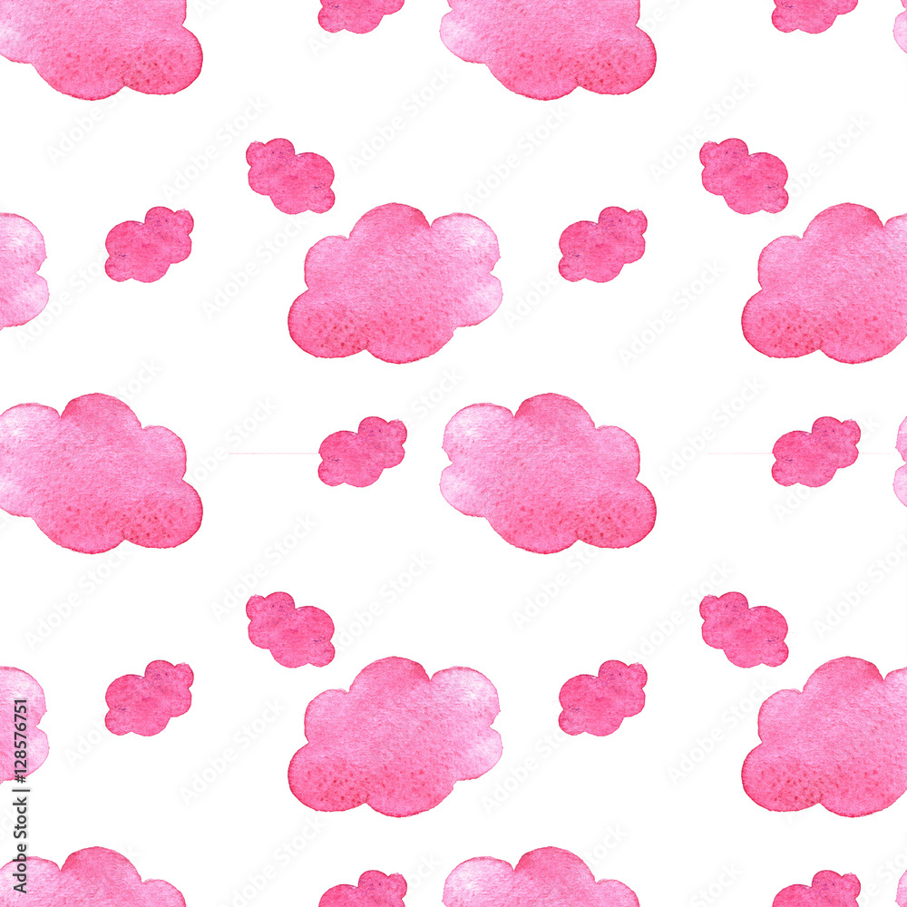 Pink watercolor clouds background. Hand painted cloud isolated on white