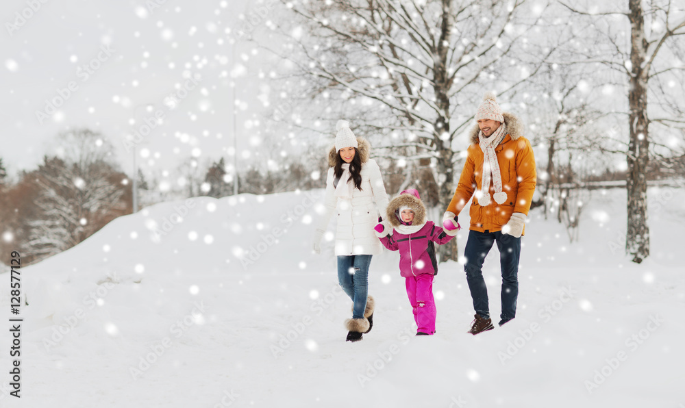 happy family in winter clothes walking outdoors