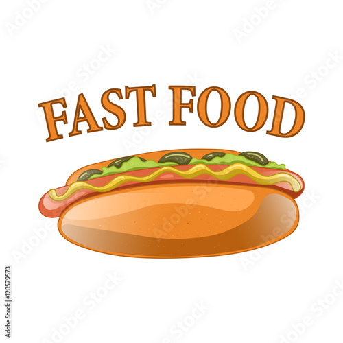Hot Dog Cartoon Illustration. Classic american fast food - sausage with mustard in a bun. Hotdog sandwich. Vector isolated icon of hot-dog for poster, menus, brochure, web and mobile application.