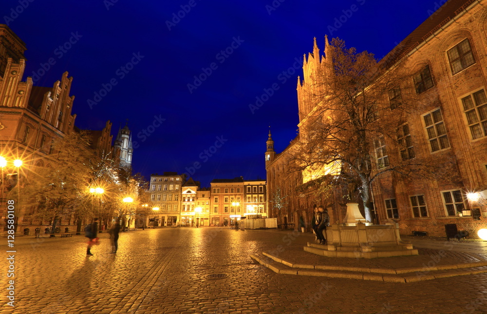 Old Town Market Square by night in Torun, Poland, historic city centre 