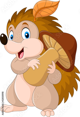 Cute baby hedgehog holding mushroom

