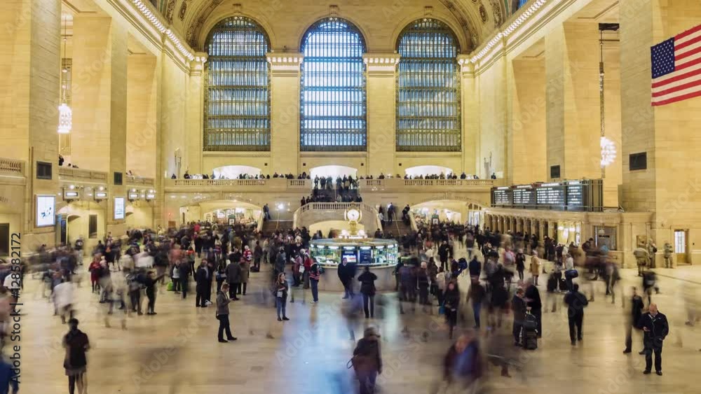 Grand Central Station in New York City time lapse with blurred people. 4K timelapse
