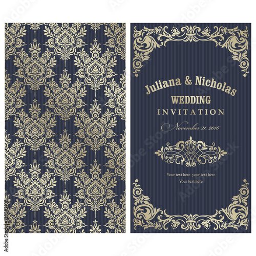 Invitation cards in an old-style gold and blue