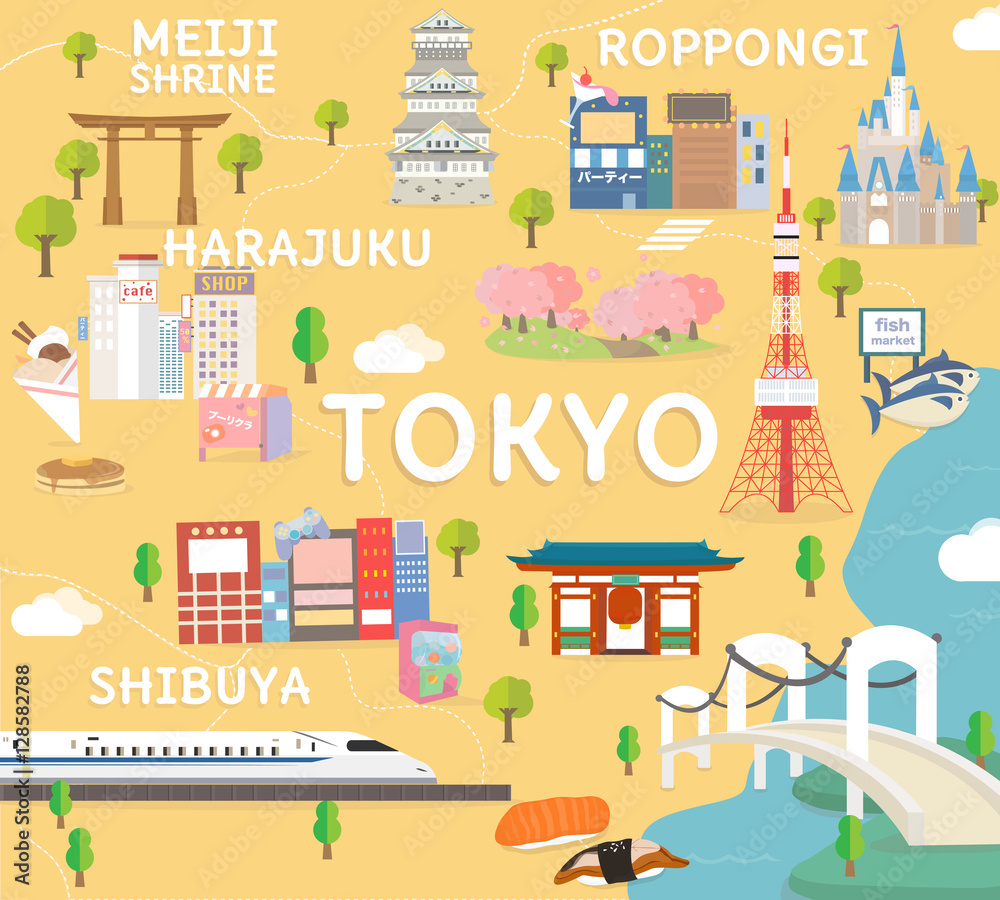 Tokyo travel map in flat illustration.