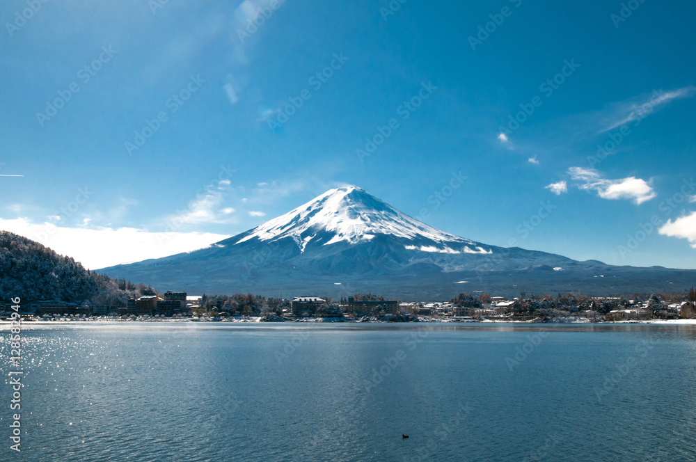 Mt Fuji in the early morning with reflection on the lake kawaguc