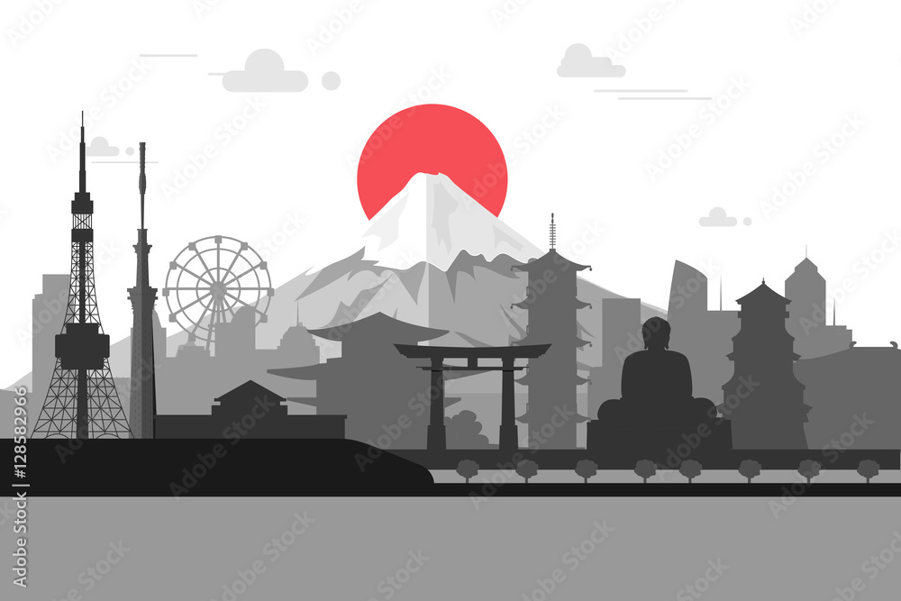 Silhouette illustration of Tokyo city in Japan.Japan landmarks F